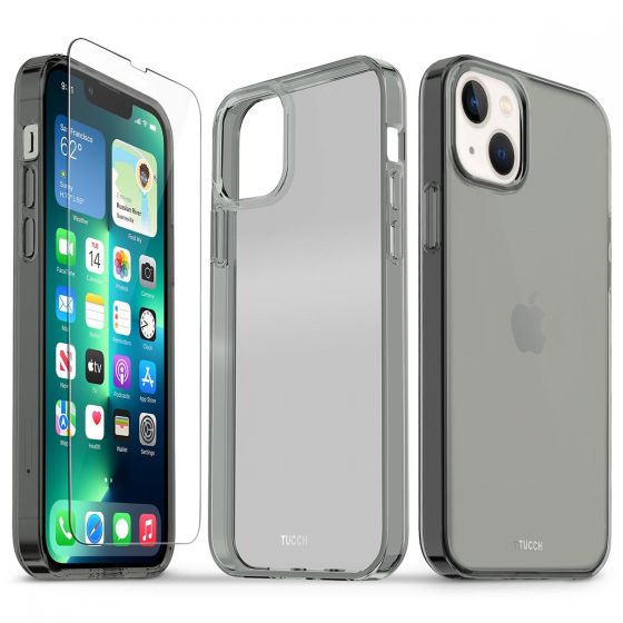 TUCCH iPhone 13 Clear TPU Case Non-Yellowing, Transparent Thin Slim Scratchproof Shockproof TPU Case with Tempered Glass Screen Protector for iPhone 13 5G - Grey