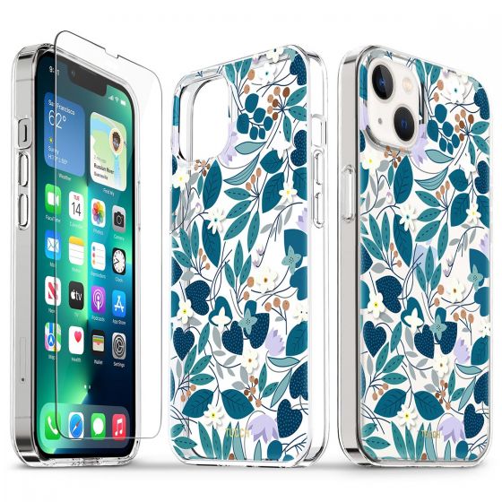 TUCCH iPhone 13 Clear TPU Case Non-Yellowing, Transparent Thin Slim Scratchproof Shockproof TPU Case with Tempered Glass Screen Protector for iPhone 13 5G - Blue Flowers Leaves