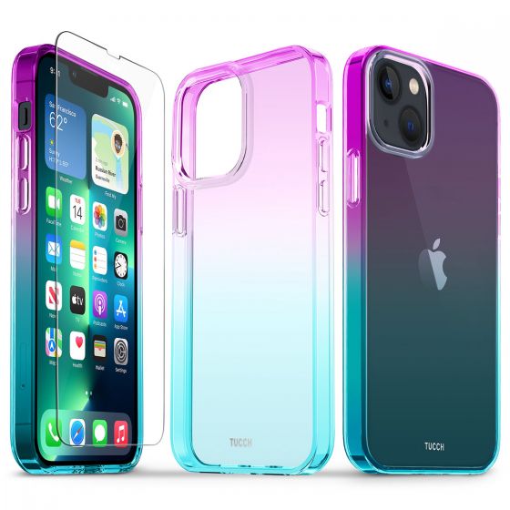 TUCCH iPhone 13 Clear TPU Case Non-Yellowing, Transparent Thin Slim Scratchproof Shockproof TPU Case with Tempered Glass Screen Protector for iPhone 13 5G - VioletBlue