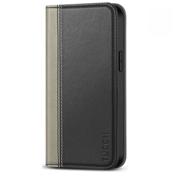 TUCCH iPhone 13 Leather Wallet Case, iPhone 13 Wallet Cover, Flip Cover with Stand, Credit Card Slots, Magnetic Closure - Black & Grey