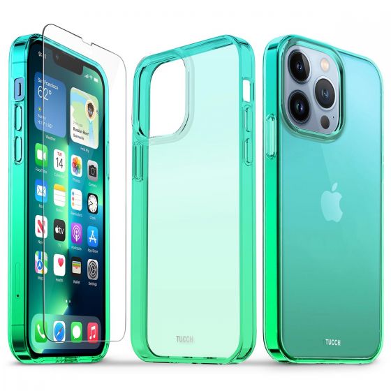 TUCCH iPhone 13 Pro Clear TPU Case Non-Yellowing, Transparent Thin Slim Scratchproof Shockproof TPU Case with Tempered Glass Screen Protector for iPhone 13 Pro 5G - Blue&Green