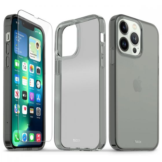 TUCCH iPhone 13 Pro Clear TPU Case Non-Yellowing, Transparent Thin Slim Scratchproof Shockproof TPU Case with Tempered Glass Screen Protector for iPhone 13 Pro 5G - Grey&Clear