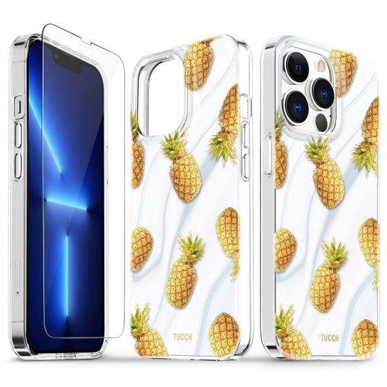 TUCCH iPhone 13 Pro Clear TPU Case Non-Yellowing, Transparent Thin Slim Scratchproof Shockproof TPU Case with Tempered Glass Screen Protector for iPhone 13 Pro 5G - Marble Pineapples