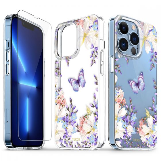 TUCCH iPhone 13 Pro Clear TPU Case Non-Yellowing, Transparent Thin Slim Scratchproof Shockproof TPU Case with Tempered Glass Screen Protector for iPhone 13 Pro 5G - Purple Lilac Flower