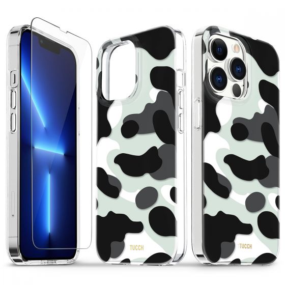 TUCCH iPhone 13 Pro Clear TPU Case Non-Yellowing, Transparent Thin Slim Scratchproof Shockproof TPU Case with Tempered Glass Screen Protector for iPhone 13 Pro 5G - Black and White Camouflage