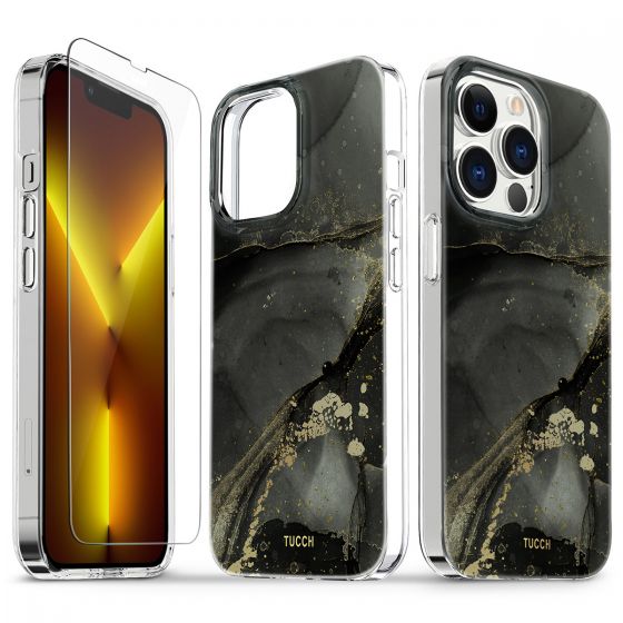 TUCCH iPhone 13 Pro Clear TPU Case Non-Yellowing, Transparent Thin Slim Scratchproof Shockproof TPU Case with Tempered Glass Screen Protector for iPhone 13 Pro 5G - Marble