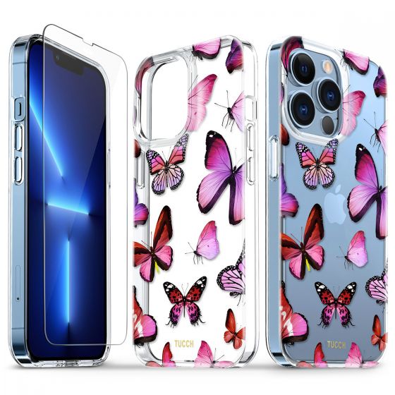 TUCCH iPhone 13 Pro Clear TPU Case Non-Yellowing, Transparent Thin Slim Scratchproof Shockproof TPU Case with Tempered Glass Screen Protector for iPhone 13 Pro 5G - Red Butterfly