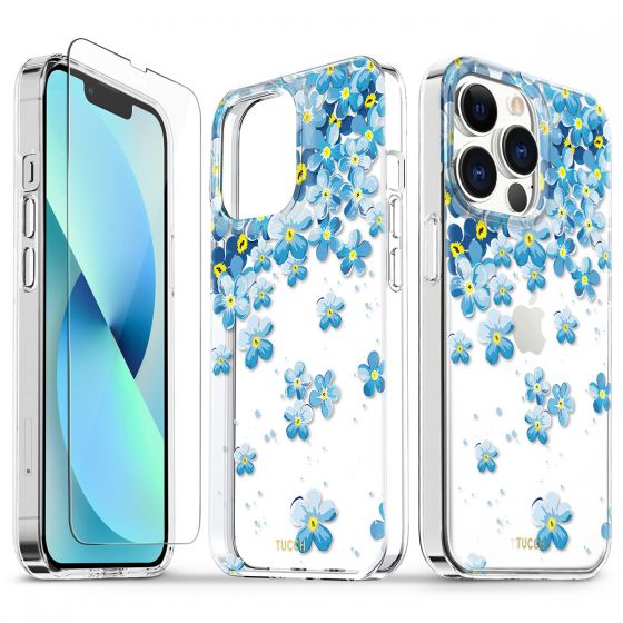 TUCCH iPhone 13 Pro Clear TPU Case Non-Yellowing, Transparent Thin Slim Scratchproof Shockproof TPU Case with Tempered Glass Screen Protector for iPhone 13 Pro 5G - Blue Flowers