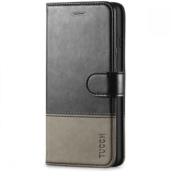 TUCCH iPhone 8 Plus Wallet Case, iPhone 7 Plus Case, Premium PU Leather Flip Folio Case - Black & Grey