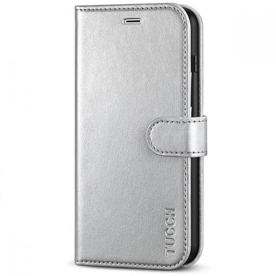 TUCCH iPhone 8 Plus Wallet Case, iPhone 7 Plus Case, Premium PU Leather Flip Folio Case - Shiny Silver