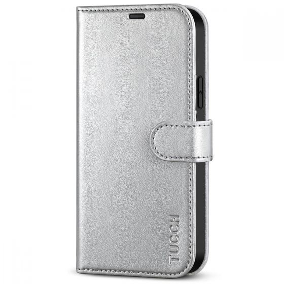 TUCCH iPhone 12 Wallet Case, iPhone 12 Pro Case, iPhone 12 / Pro 6.1-inch Flip Case - Shiny Silver