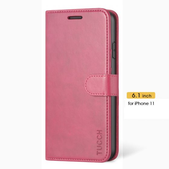 TUCCH iPhone 11 Wallet Case Protective, iPhone 11 Flip Cover Slim - Hot Pink