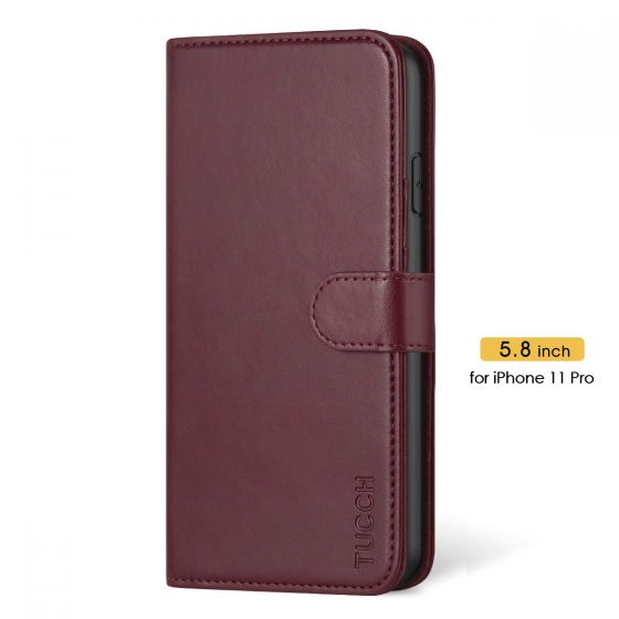 TUCCH iPhone 11 Pro Wallet Case with Strap, iPhone 11 Pro Stand Case with Card Holder - Wine Red