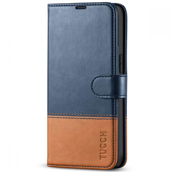 TUCCH iPhone 13 Wallet Case, iPhone 13 PU Leather Case, Folio Flip Cover with RFID Blocking, Credit Card Slots, Magnetic Clasp Closure - Blue & Brown