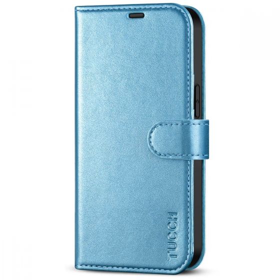 TUCCH iPhone 13 Wallet Case, iPhone 13 PU Leather Case, Folio Flip Cover with RFID Blocking, Credit Card Slots, Magnetic Clasp Closure - Shiny Light Blue
