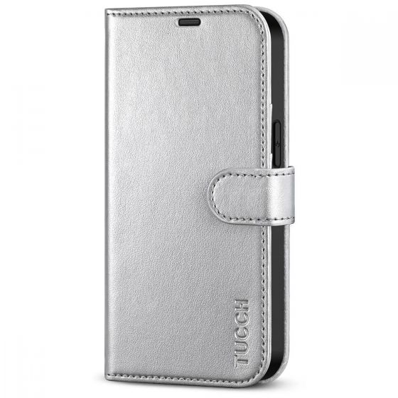 TUCCH iPhone 13 Wallet Case, iPhone 13 PU Leather Case, Folio Flip Cover with RFID Blocking, Credit Card Slots, Magnetic Clasp Closure - Shiny Silver