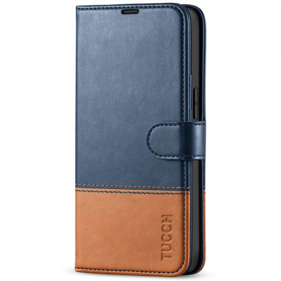 TUCCH iPhone 13 Pro Max Wallet Case, iPhone 13 Pro Max PU Leather Case with Folio Flip Book RFID Blocking, Stand, Card Slots, Magnetic Clasp Closure - Dark Blue & Brown