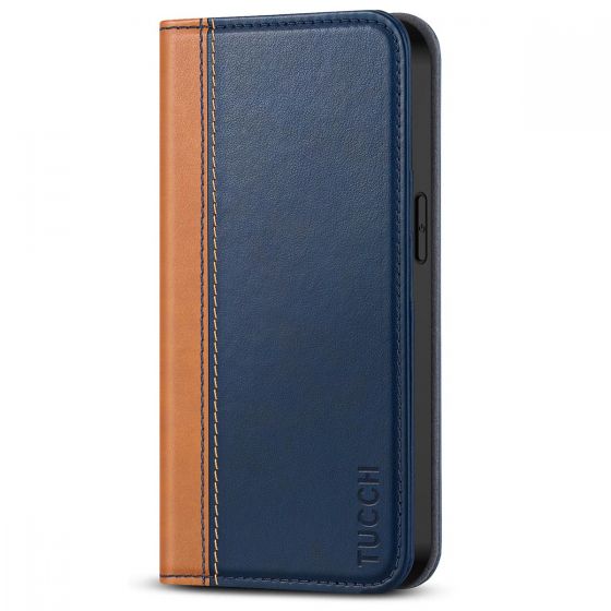 TUCCH iPhone 15 Wallet Case, iPhone 15 Leather Phone Case - Dark Blue&Brown