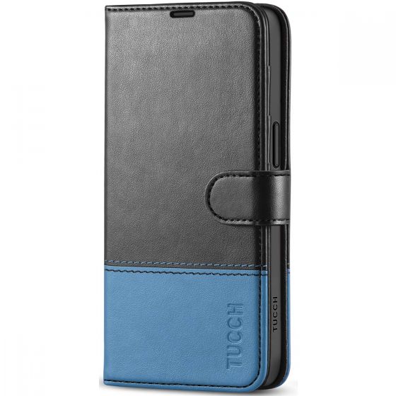 TUCCH iPhone 15 Pro Wallet Case, iPhone 15 Pro Leather Case - Black & Light Blue