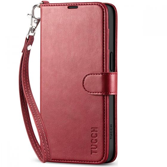 TUCCH iPhone 15 Pro Max Leather Wallet Case, iPhone 15 Pro Flip Phone Case - Wrist Strap Dark Red