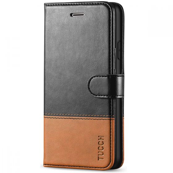 TUCCH iPhone 7 Wallet Case, iPhone 8 Case, iPhone SE 2/3 Gen. Premium PU Leather Case - Black & Brown