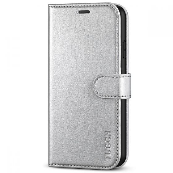 TUCCH iPhone XR Wallet Case - iPhone XR Leather Cover - Shiny Silver