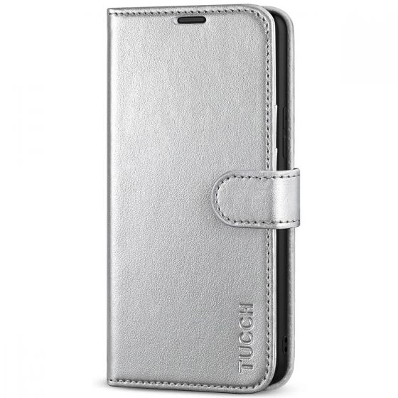 TUCCH SAMSUNG GALAXY S22 Wallet Case, SAMSUNG S22 PU Leather Case Flip Cover - Shiny Silver