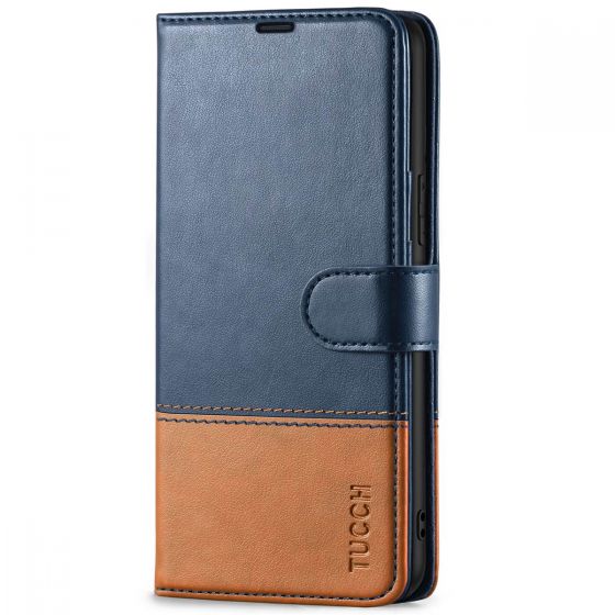 TUCCH SAMSUNG GALAXY S22 Wallet Case, SAMSUNG S22 PU Leather Case Flip Cover - Dark Blue & Brown