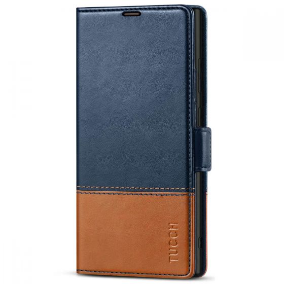 TUCCH SAMSUNG S22 Ultra Wallet Case, SAMSUNG Galaxy S22 Ultra PU Leather Cover Book Flip Folio Case - Blue & Brown