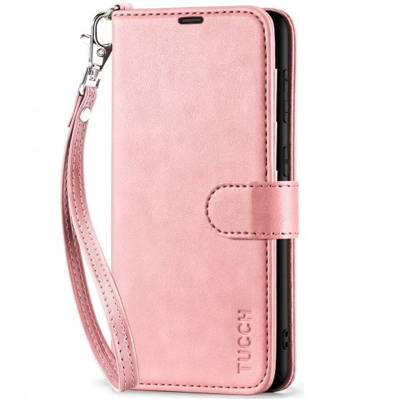 TUCCH SAMSUNG GALAXY S23FE Wallet Case, SAMSUNG S23FE PU Leather Case Flip Cover - Wrist Strap Rose Gold