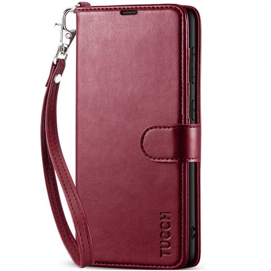 TUCCH SAMSUNG GALAXY S23FE Wallet Case, SAMSUNG S23FE PU Leather Case Flip Cover - Wrist Strap Wine Red