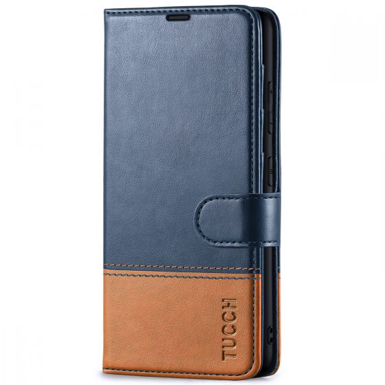 TUCCH SAMSUNG GALAXY S23 Plus Wallet Case, SAMSUNG S23 Plus PU Leather Case Book Flip Folio Cover - Dark Blue & Brown