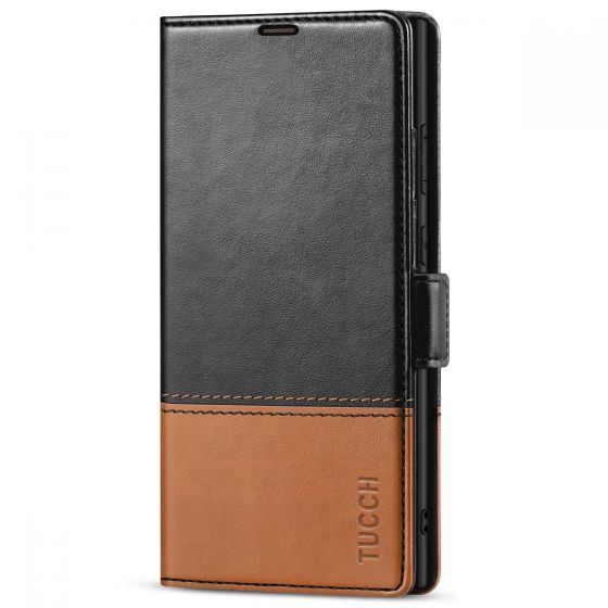 TUCCH SAMSUNG S23 Ultra Wallet Case, SAMSUNG Galaxy S23 Ultra PU Leather Cover Book Flip Folio Case - Black & Brown