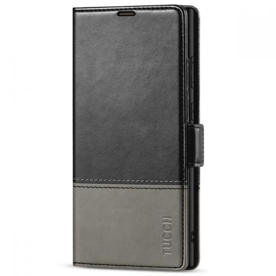 TUCCH SAMSUNG S23 Ultra Wallet Case, SAMSUNG Galaxy S23 Ultra PU Leather Cover Book Flip Folio Case - Black & Grey