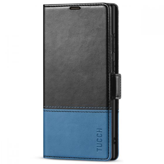 TUCCH SAMSUNG S23 Ultra Wallet Case, SAMSUNG Galaxy S23 Ultra PU Leather Cover Book Flip Folio Case - Black & Light Blue