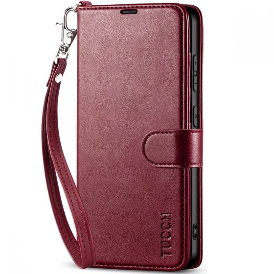 TUCCH SAMSUNG GALAXY S24 Plus Wallet Case, SAMSUNG S24 Plus PU Leather Case Book Flip Folio Cover - Strap - Wine Red