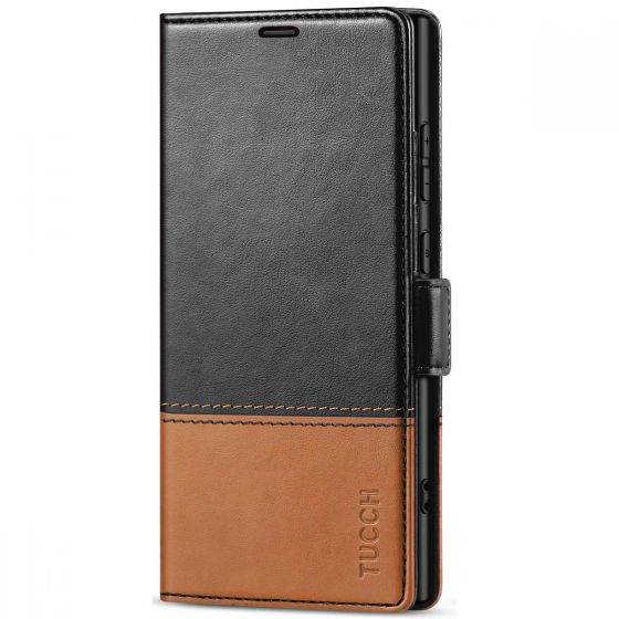 TUCCH SAMSUNG S24 Ultra Wallet Case, SAMSUNG Galaxy S24 Ultra PU Leather Cover Book Flip Folio Case - Black & Brown