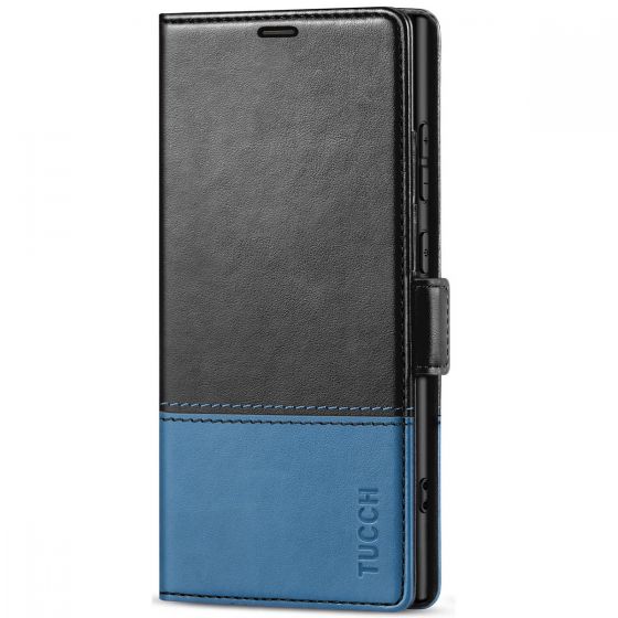 TUCCH SAMSUNG S24 Ultra Wallet Case, SAMSUNG Galaxy S24 Ultra PU Leather Cover Book Flip Folio Case - Black & Light Blue