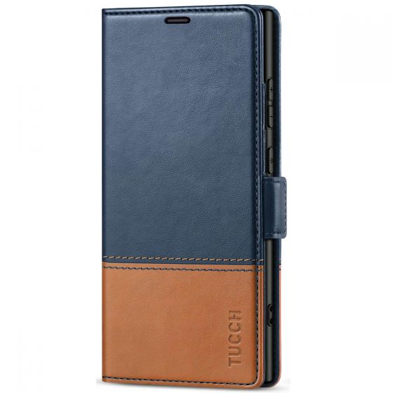 TUCCH SAMSUNG S24 Ultra Wallet Case, SAMSUNG Galaxy S24 Ultra PU Leather Cover Book Flip Folio Case - Blue & Brown