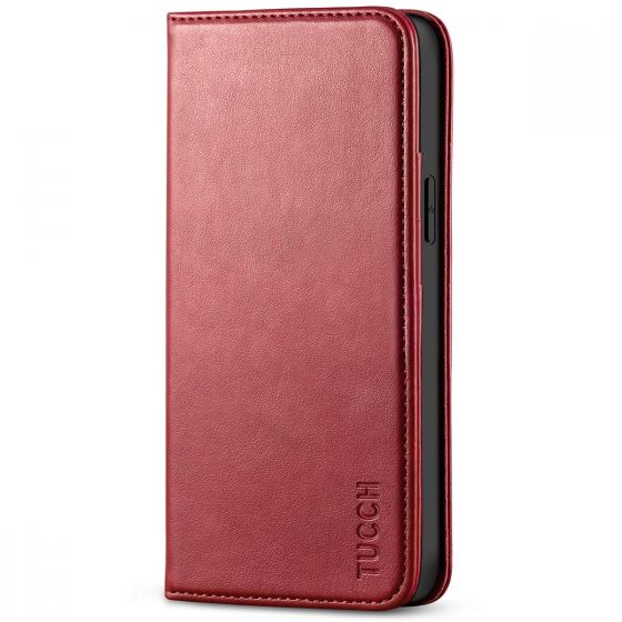 TUCCH iPhone 14 Wallet Case, iPhone 14 PU Leather Case, Flip Cover with Stand, Credit Card Slots, Magnetic Closure - Dark Red