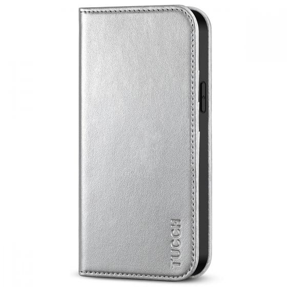 TUCCH iPhone 14 Wallet Case, iPhone 14 PU Leather Case, Flip Cover with Stand, Credit Card Slots, Magnetic Closure - Shiny Silver