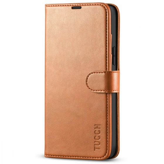 TUCCH iPhone 14 Plus Wallet Case, Mini iPhone 14 Plus 6.7-inch Leather Case, Folio Flip Cover with RFID Blocking, Stand, Credit Card Slots, Magnetic Clasp Closure - Light Brown