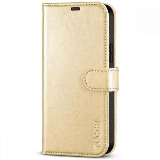 TUCCH iPhone 14 Plus Wallet Case, Mini iPhone 14 Plus 6.7-inch Leather Case, Folio Flip Cover with RFID Blocking, Stand, Credit Card Slots, Magnetic Clasp Closure - Shiny Champagne Gold