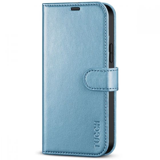 TUCCH iPhone 14 Plus Wallet Case, Mini iPhone 14 Plus 6.7-inch Leather Case, Folio Flip Cover with RFID Blocking, Stand, Credit Card Slots, Magnetic Clasp Closure - Shiny Light Blue