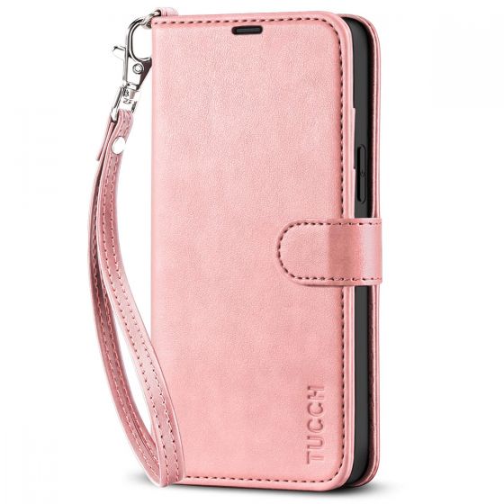 TUCCH iPhone 14 Plus Wallet Case, Mini iPhone 14 Plus 6.7-inch Leather Case, Folio Flip Cover with RFID Blocking, Stand, Credit Card Slots, Magnetic Clasp Closure - Strap - Rose Gold