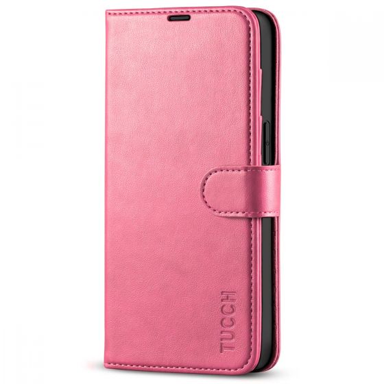 TUCCH iPhone 14 Wallet Case, iPhone 14 PU Leather Case, Folio Flip Cover with RFID Blocking, Credit Card Slots, Magnetic Clasp Closure - Hot Pink