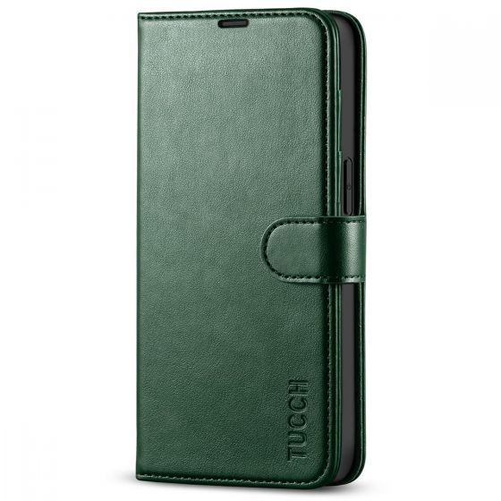 TUCCH iPhone 14 Wallet Case, iPhone 14 PU Leather Case, Folio Flip Cover with RFID Blocking, Credit Card Slots, Magnetic Clasp Closure - Midnight Green