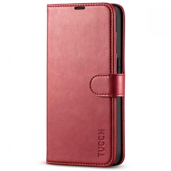 TUCCH iPhone 14 Pro Wallet Case, iPhone 14 Pro PU Leather Case, Folio Flip Cover with RFID Blocking and Kickstand - Dark Red