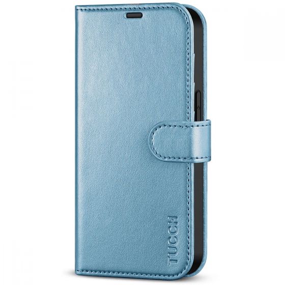 TUCCH iPhone 14 Pro Wallet Case, iPhone 14 Pro PU Leather Case, Folio Flip Cover with RFID Blocking and Kickstand - Shiny Light Blue