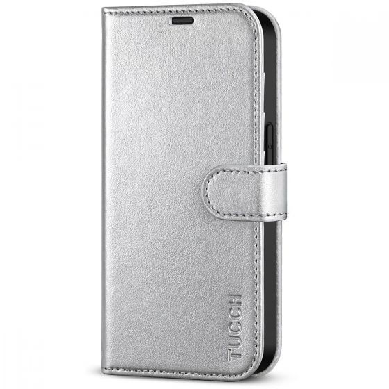 TUCCH iPhone 14 Pro Wallet Case, iPhone 14 Pro PU Leather Case, Folio Flip Cover with RFID Blocking and Kickstand - Shiny Silver